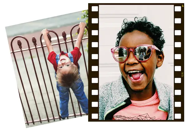 Child climbing metal fence and child wearing glasses in filmstrip frame