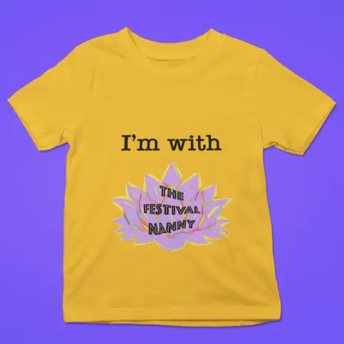 Yellow children’s t-shirt with “I’m with The Festival Nanny” lotus flower design